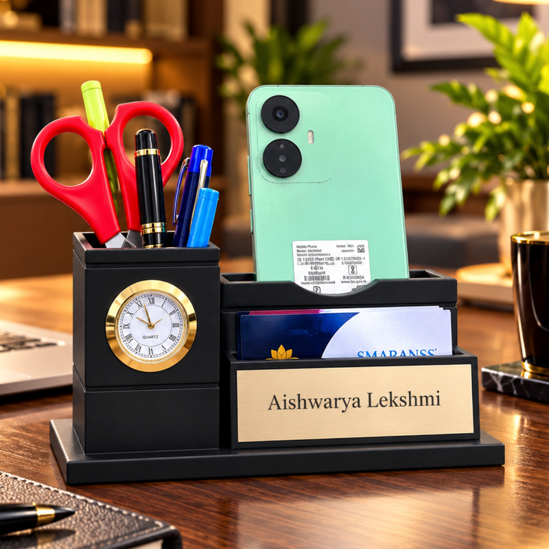 Personalised Cello Pen Stand with Mini Clock | Custom Name Desk Organiser for Office & Study Table