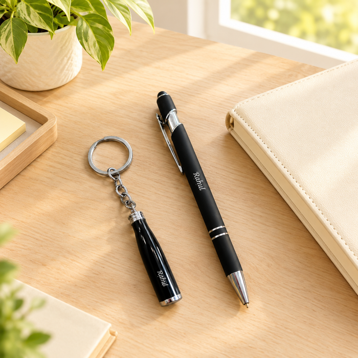 Personalised Bottle Shape Keychain & Pen Set | Stylish Pen with Matching Keychain | 2-Piece Gift Set for Men & Women