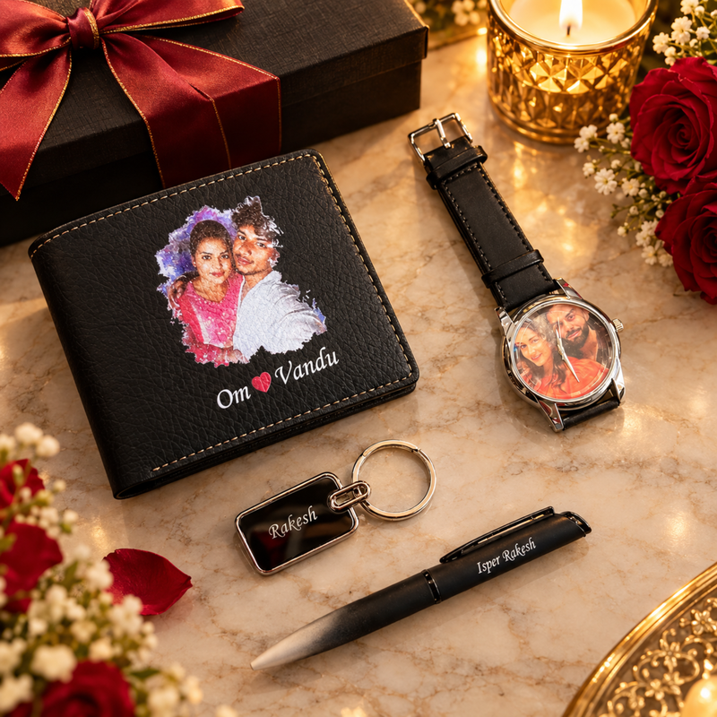 Camry Customised Gift Set | Personalised Photo Wallet, Photo Wrist Watch, Pen & Keychain Combo | Premium Gift Hamper for Birthdays, Anniversaries & Special Occasions