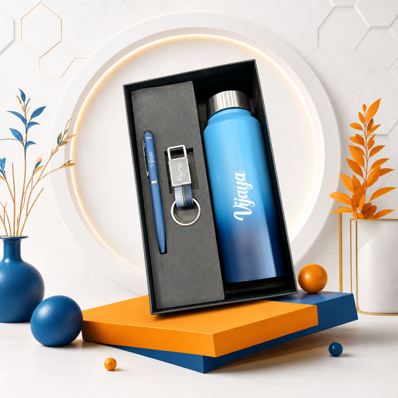 Personalized Pebble 3 in 1 Gift Set | Custom Name Bottle Pen & Keychain Combo | Corporate Birthday Office Gifting Set