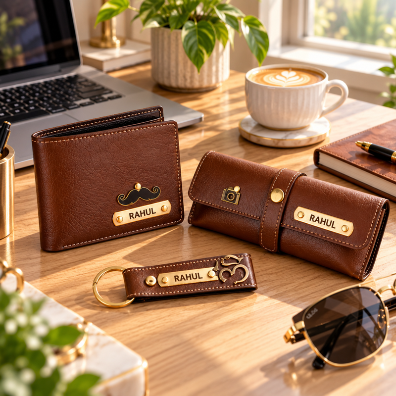 Nexon Customised 3 in 1 Hamper | Personalised Men Wallet, Eyewear Case & Keychain Gift Set | Premium Accessories Gift Box for Men