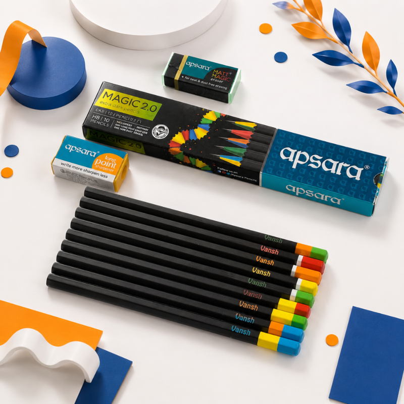Personalized Pencil Set | 10 Pencils with Sharpener & Eraser | DOMS Zillion, DOMS Superio, Apsara Matt Magic 2.0 & DOMS Y1 Variants