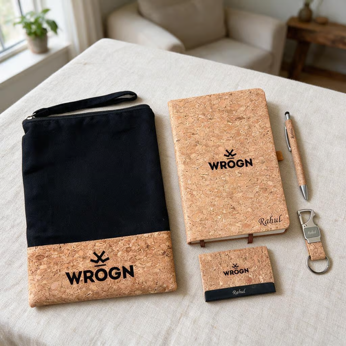 Personalized Cork 5 in 1 Gift Set | Custom Name Diary Jute Pouch Pen Card Holder & Keychain Combo | Corporate Birthday Office Gifting Set