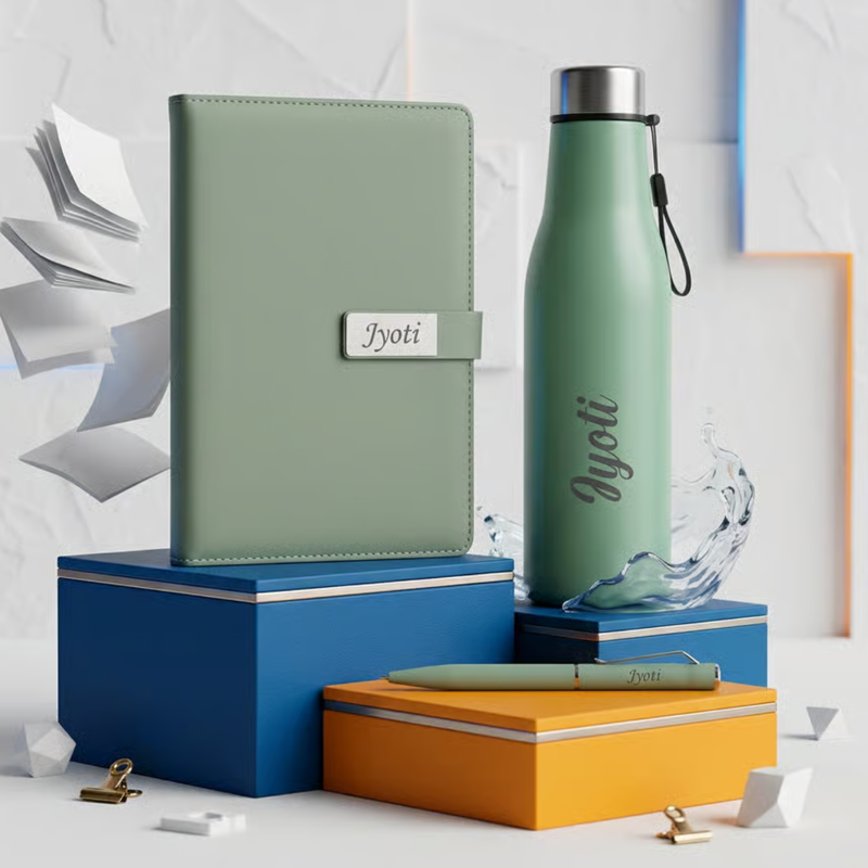 Personalized Glidder 3 in 1 Gift Set | Custom Name Bottle Diary & Pen Combo | Corporate Birthday Office Gifting Set