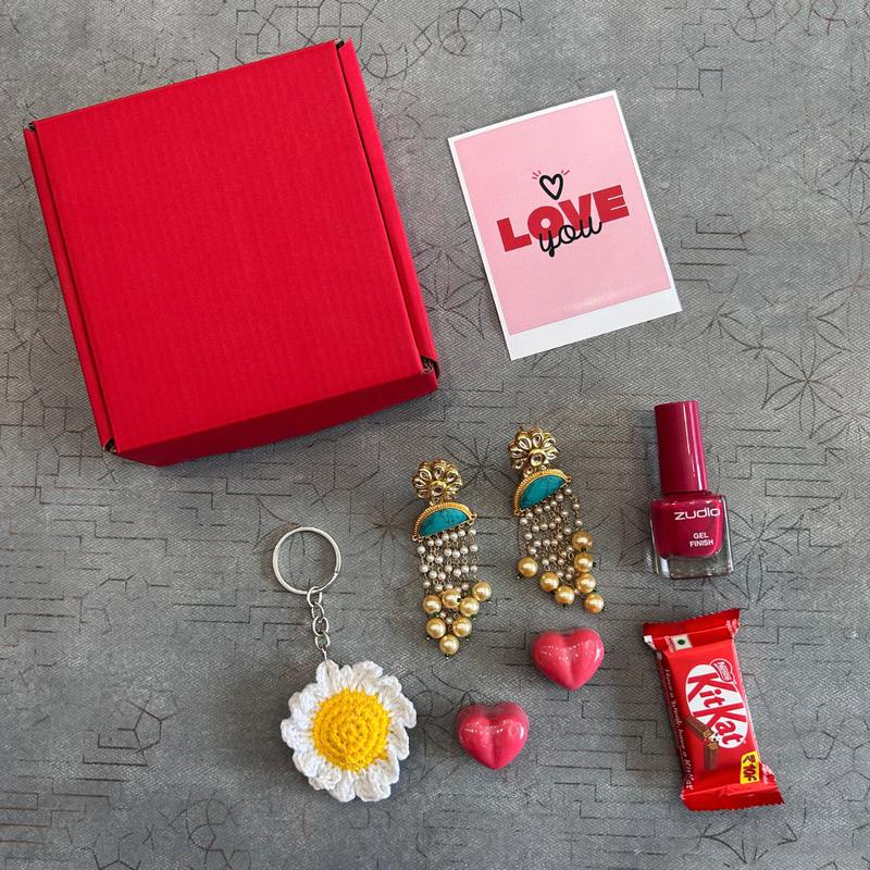 Personalised Made For Her Gift Box | Elegant Women Gift Hamper with Earrings, Keychain, Nail Paint & Chocolates