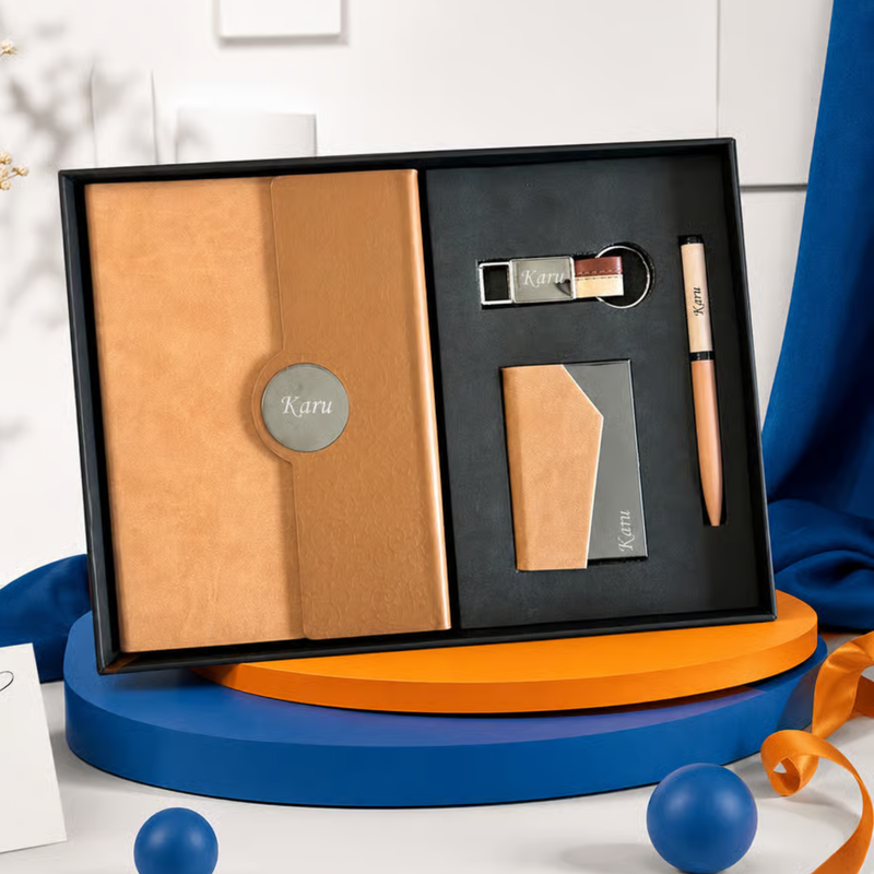 Personalized Ivory 4 in 1 Gift Set | Custom Name Diary Pen Keychain & Card Holder Combo | Corporate Birthday Office Gifting Set