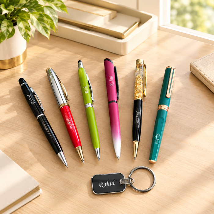 6 in 1 Personalised Pen Gift Set | 6 Stylish Pens with Keychain | Premium Gift Set for Men & Women