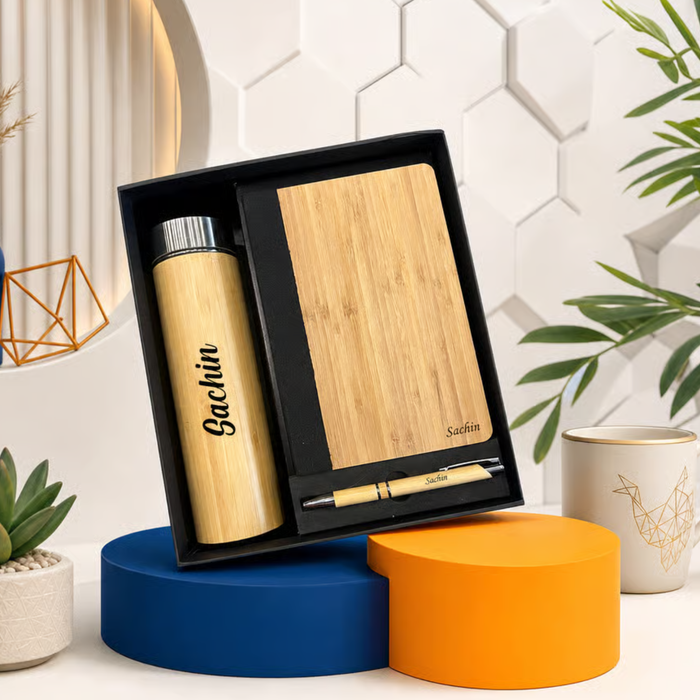 Personalized Maple 3 in 1 Gift Set | Custom Name Flask Diary & Pen Combo | Bamboo Finish Corporate Birthday Office Gifting Set