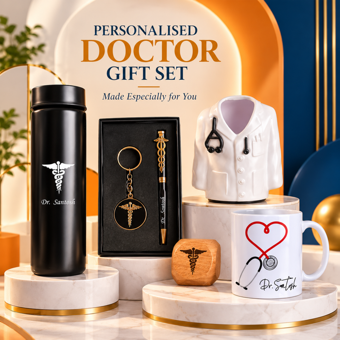 Personalised Doctor Signature Gift Set | LED Flask Doctor Pen Keychain Coat Pen Stand Ceramic Mug & Paper Weight | 6-Piece Gift Set