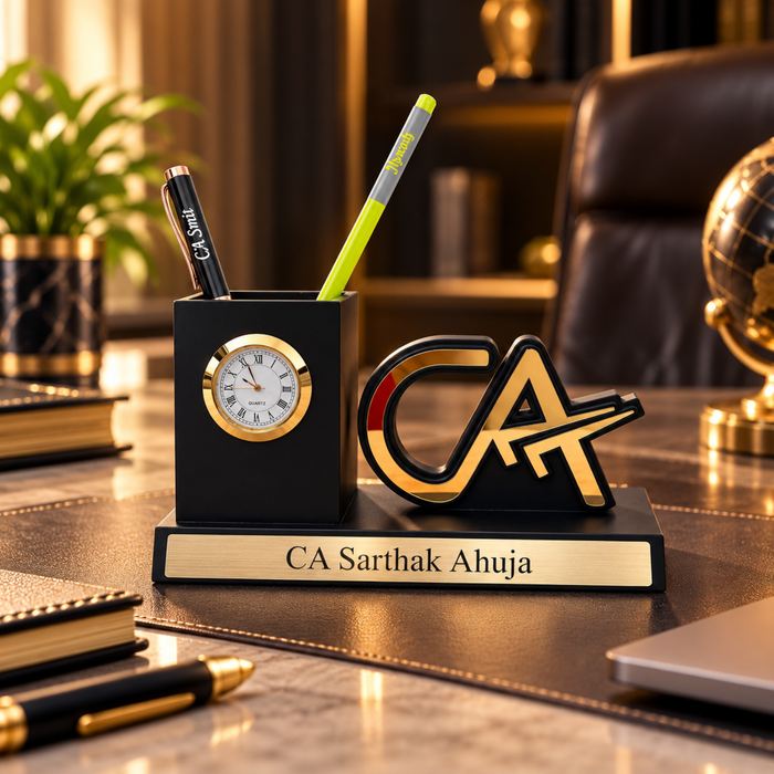Personalised Professional Pen Stand | Mini Clock Desk Organizer with Custom Logo | Premium Office Table Accessory Gift