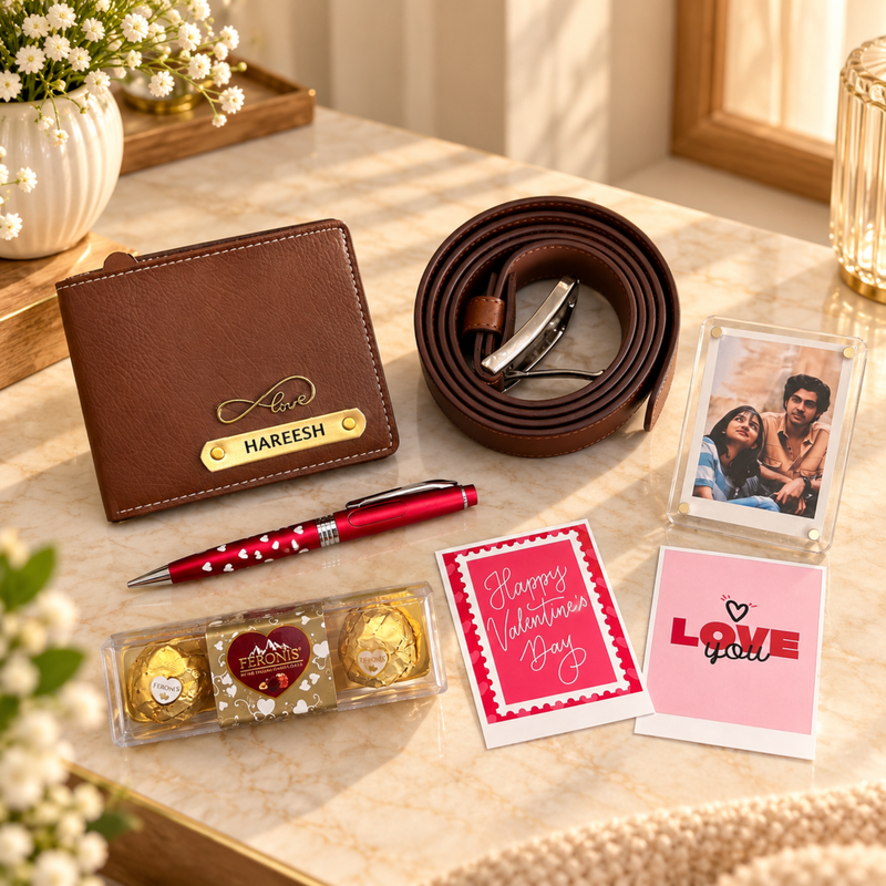 Mavericks Personalized Gift Set for Men | Wallet Belt Pen Polaroid Magnet & Chocolate Combo | Premium Custom Gift Hamper for Husband Boyfriend Birthday Anniversary