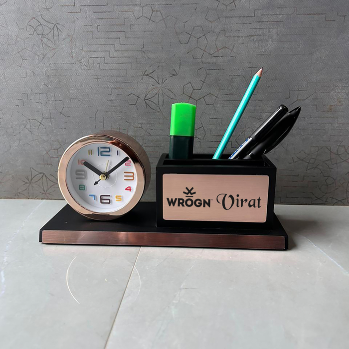 Personalised Rose Gold Pen Stand with Mini Clock | Premium Desk Organizer with Mobile Holder | Office Table Accessory Gift