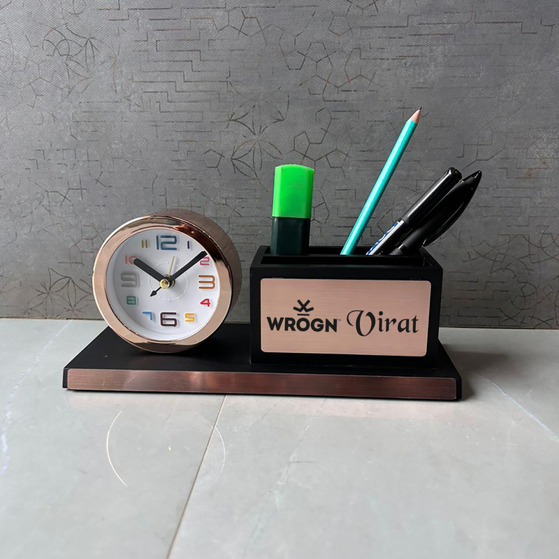 Personalised Rose Gold Pen Stand with Mini Clock | Premium Desk Organizer with Mobile Holder | Office Table Accessory Gift