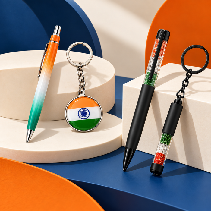 Tiranga Pen & Keychain Set | Tricolor Pen with Matching Tiranga Keychain | 2-Piece Personalized Gift Set