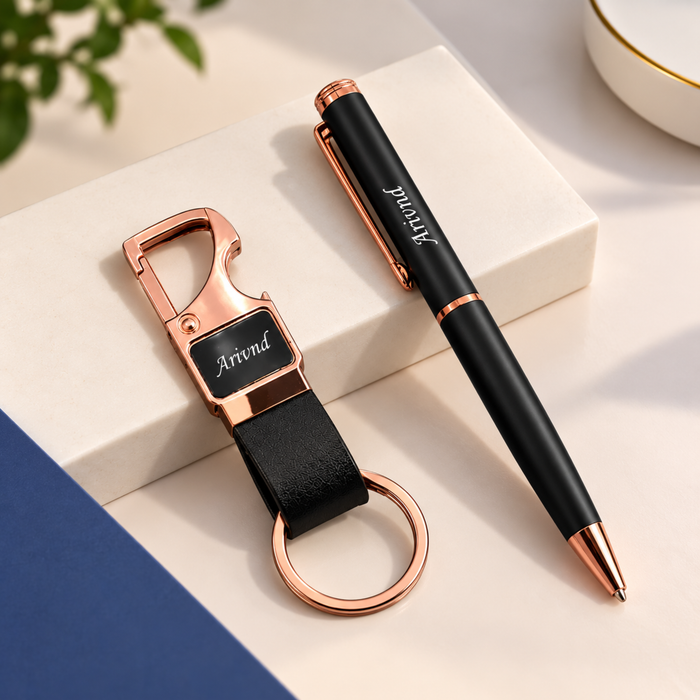 Rose Gold Pen & Keychain Set | Stylish Pen with Matching Hook Keychain | 2-Piece Personalized Gift Set for Men & Women