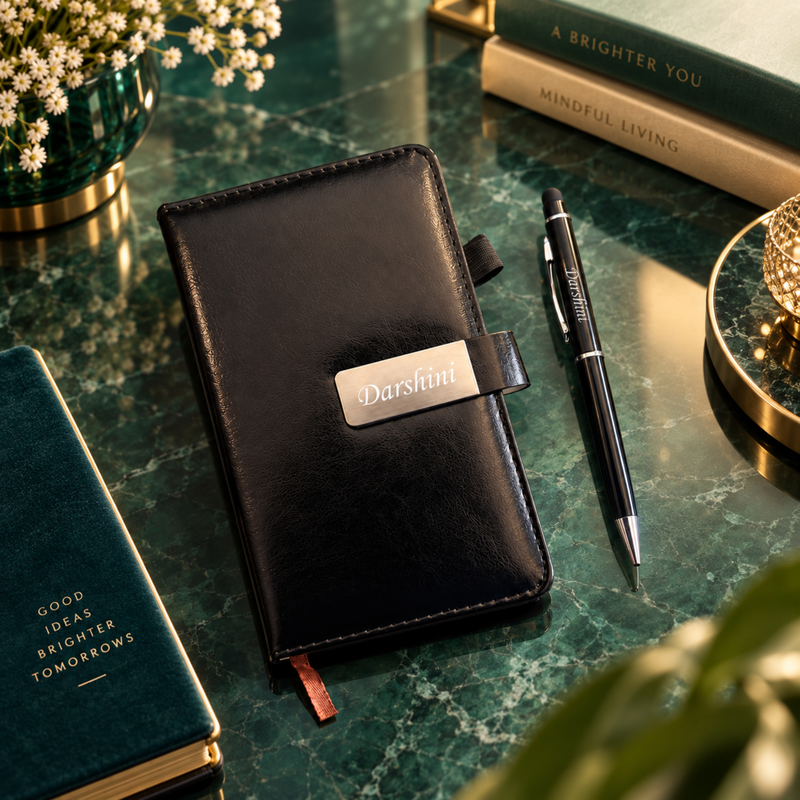 Pocket Personalised Diary Pen Set | Compact Premium Diary with Custom Name Plate & Matching Pen | Stylish Portable Office Stationery Gift Set