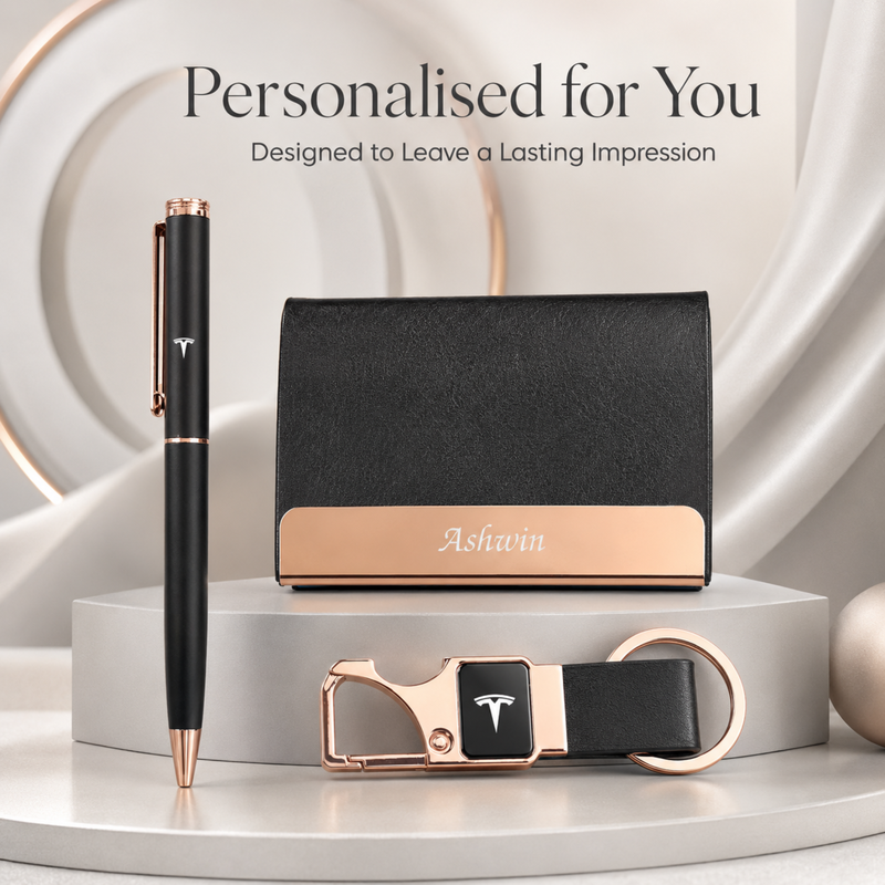 Personalized Nano Rose Gold 3 in 1 Gift Set | Custom Name Card Holder Pen & Keychain Combo | Corporate Birthday Office Gifting Set