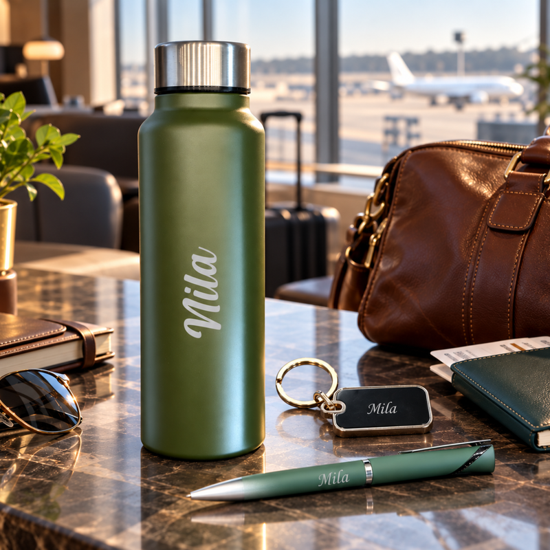 Brittle Customised Gift Set | Personalised Aqua Steel Bottle, Pen & Keychain Combo | Premium Gift Hamper for Birthdays, Corporate Gifting & Special Occasions