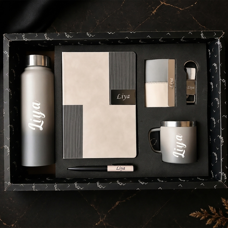 Personalized Dual Tone 6 in 1 Gift Set | Custom Name Diary Bottle Pen Keychain Card Holder & Mug Combo | Corporate Birthday Office Gifting Set