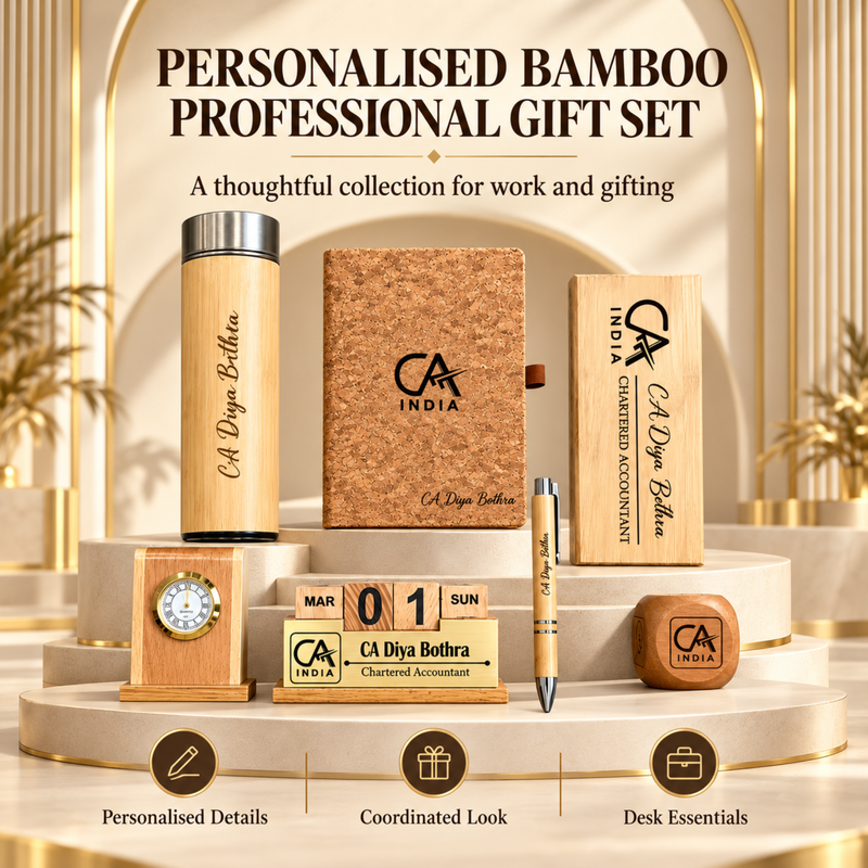 Personalised Bamboo Professional Gift Set | Flask Cork Diary Name Plate Pen Stand Bamboo Pen & Paper Weight | 6-Piece Gift Set