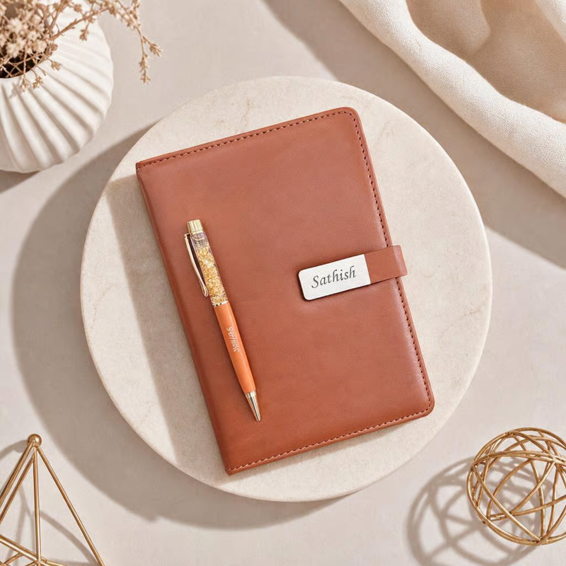 Vega Personalised Diary Pen Set | Premium Leather Finish Diary with Custom Name Printing & Matching Pen | Luxury Office Stationery Gift Set for Professionals