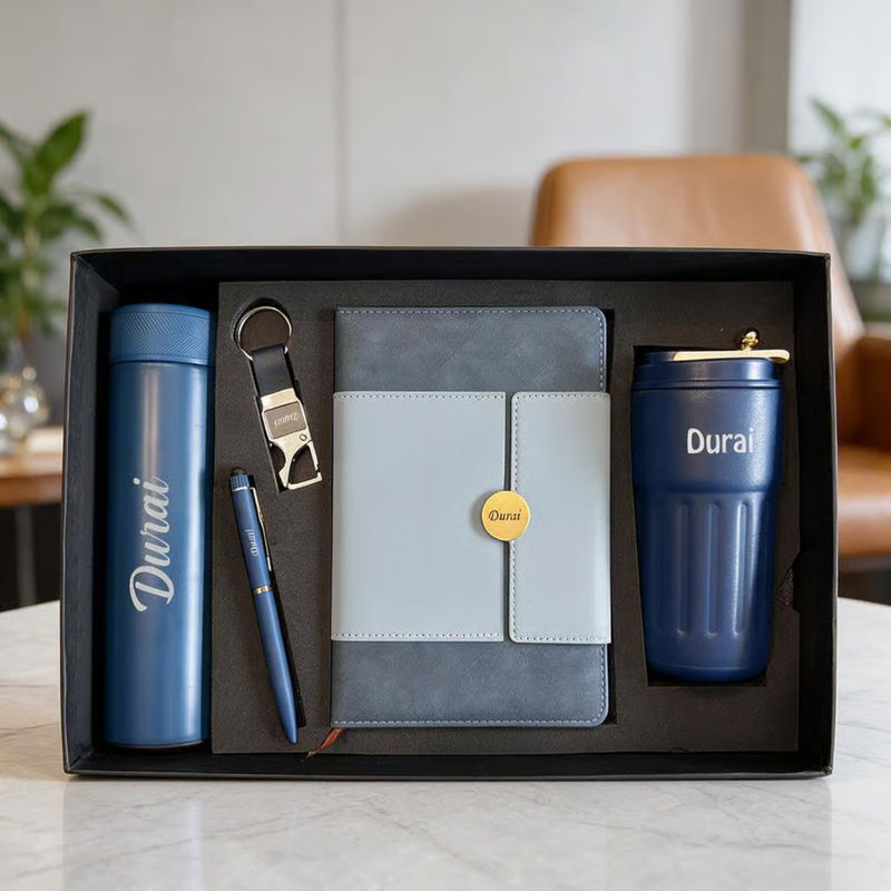 Personalized Calista 5 in 1 Gift Set | Custom Name Flask Diary Travel Mug Pen & Keychain Combo | Corporate Birthday Office Gifting Set