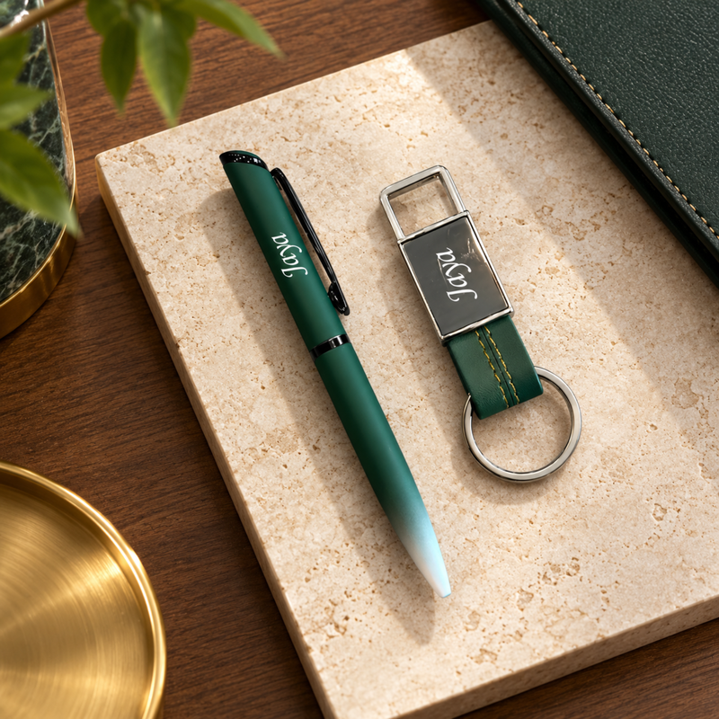 Personalised Dual Tone Pen & Keychain Set | Stylish Pen with Matching Dual Tone Keychain | 2-Piece Gift Set for Men & Women