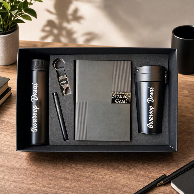 Personalized Acer 5 in 1 Gift Set | Custom Name Flask Diary Travel Mug Pen & Keychain Combo | Corporate Birthday Office Gifting Set