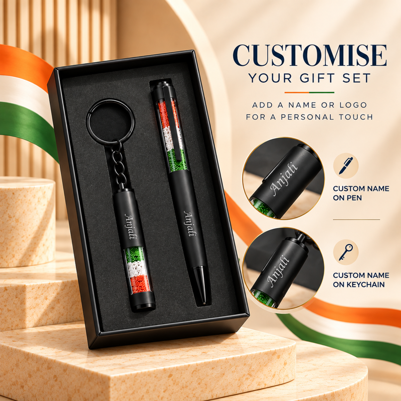 Tiranga Pen & Keychain Set | Tricolor Pen with Matching Tiranga Keychain | 2-Piece Personalized Gift Set