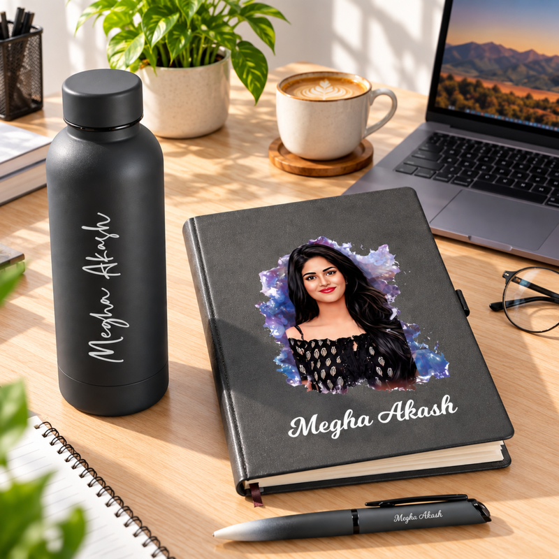 Phantom Personalised Gift Set | Custom Solid Flask with Artistic Diary & Pen | Premium Customised Gift Hamper for Men & Women