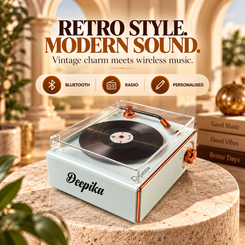 Pebble Disc Retro Speaker | Vintage Record Player Style Bluetooth Speaker with Radio