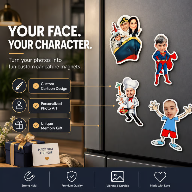 Caricature Magnets | Personalized Custom Photo Fridge Magnets | Cartoon Style Character Magnet for Home Décor & Gifting | Unique Memory Keepsake