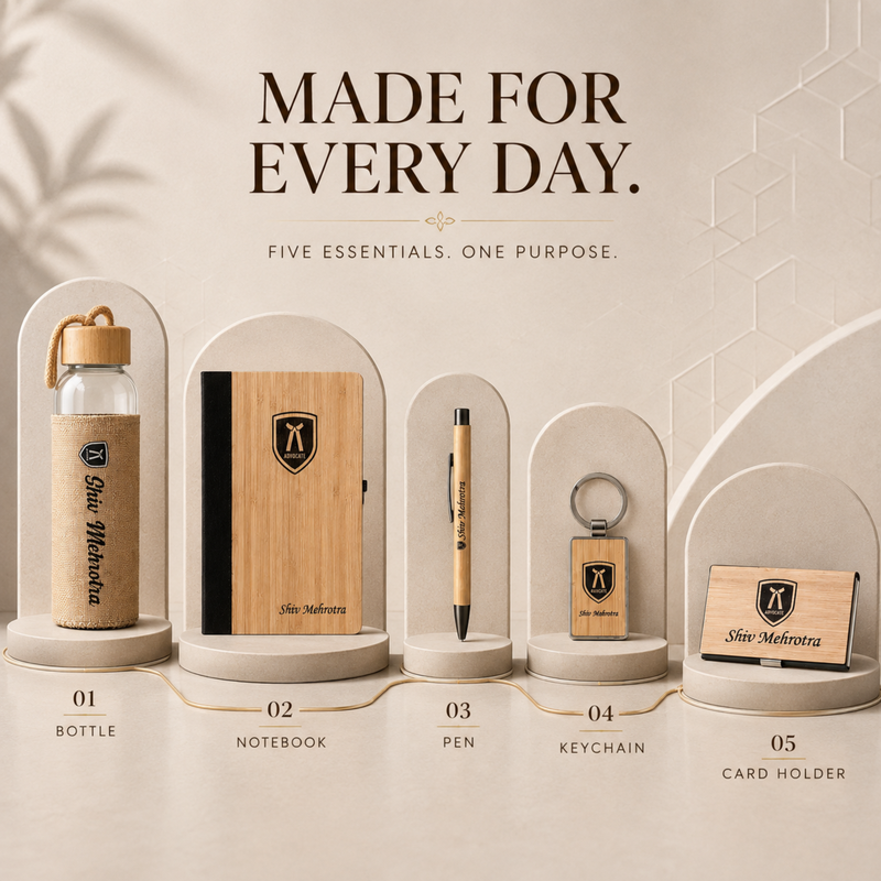 Personalized Prima Bamboo 5 in 1 Gift Set | Custom Name Diary Bottle Pen Keychain & Card Holder Combo | Corporate Office Gifting Set