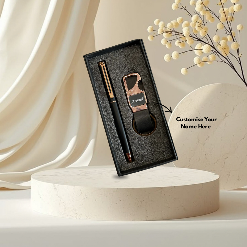 Rose Gold Pen & Keychain Set | Stylish Pen with Matching Hook Keychain | 2-Piece Personalized Gift Set for Men & Women