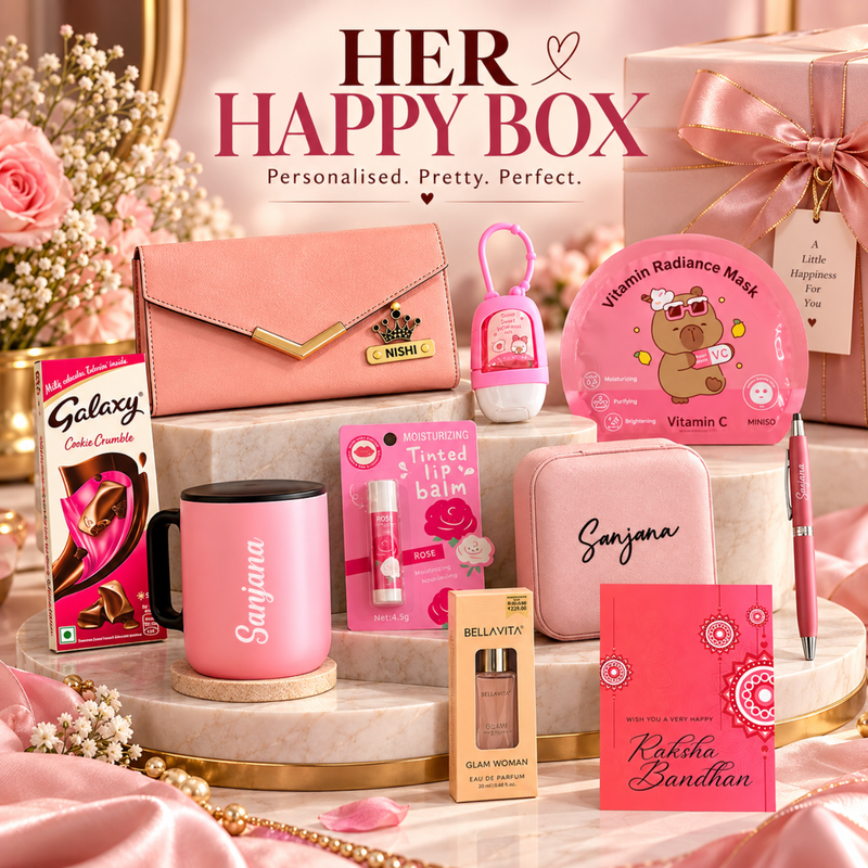 Personalised Her Happy Box | Premium Women Gift Hamper with Wallet, Mug, Perfume, Jewellery Box & Beauty Essentials