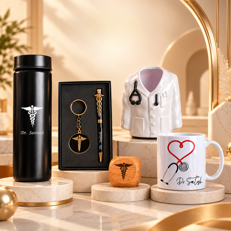 Personalised Doctor Signature Gift Set | LED Flask Doctor Pen Keychain Coat Pen Stand Ceramic Mug & Paper Weight | 6-Piece Gift Set