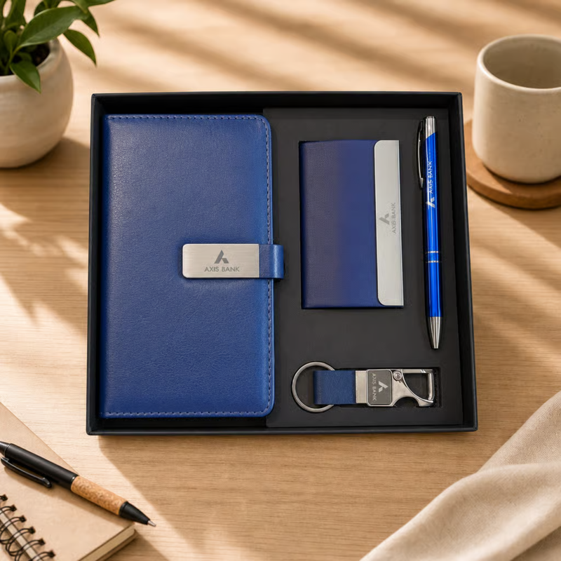 Personalized Tesla 4 in 1 Gift Set | Custom Name Pocket Diary Pen Card Holder & Keychain Combo | Corporate Birthday Office Gifting Set