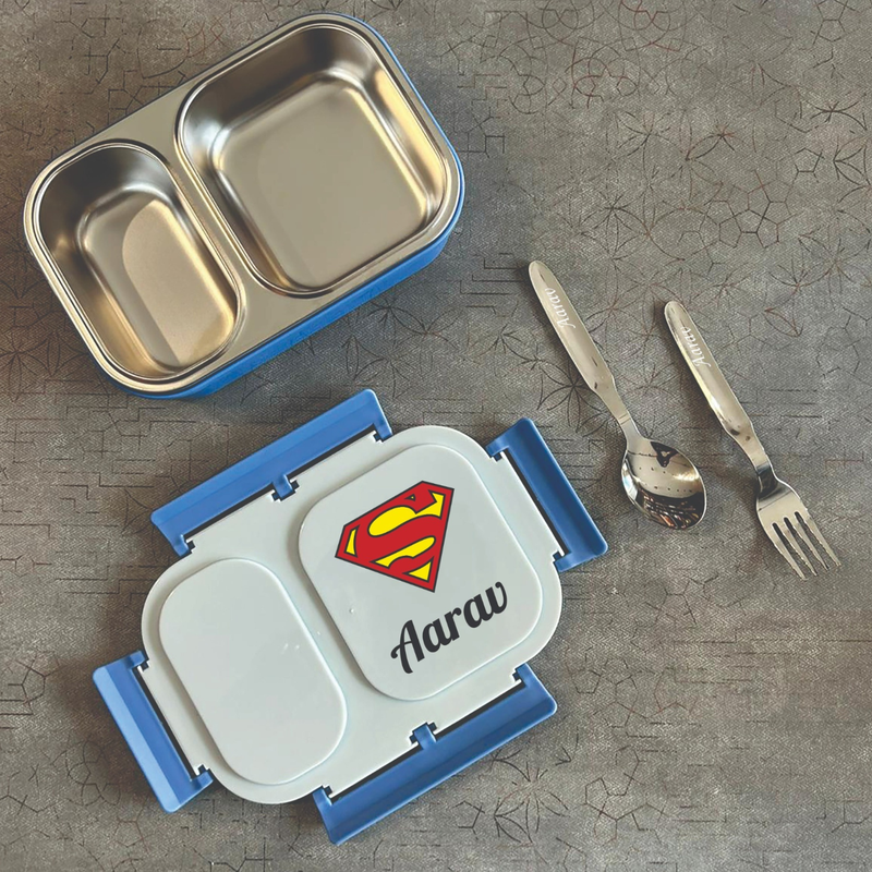 Personalized Bento 2 Partition Lunch Box | Stainless Steel Inner Lunch Container with Fork & Spoon | Custom Name Lunch Box for Kids, Adults, Office, School & Travel