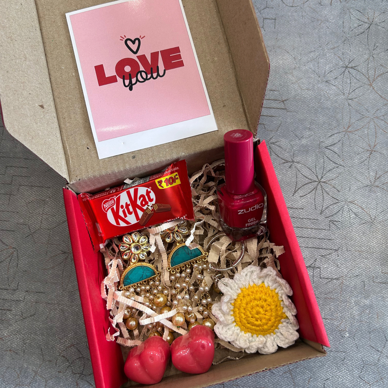 Personalised Made For Her Gift Box | Elegant Women Gift Hamper with Earrings, Keychain, Nail Paint & Chocolates