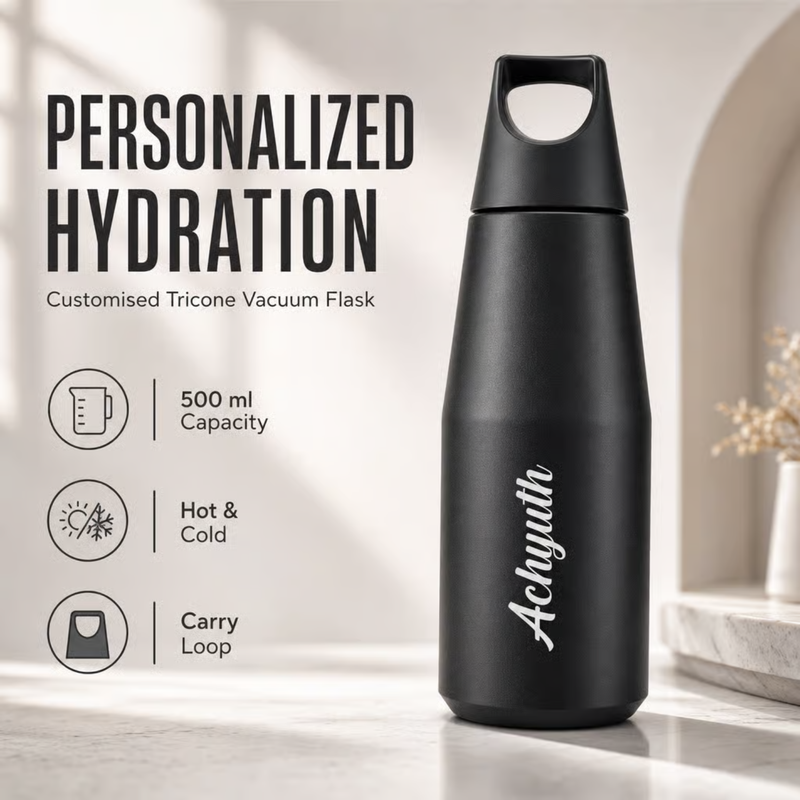 Customised Tricone Stainless Steel Vacuum Flask 500ml | Personalized Hot & Cold Insulated Water Bottle with Carry Loop | Leakproof Travel Flask for Office, School, Gym & Daily Use