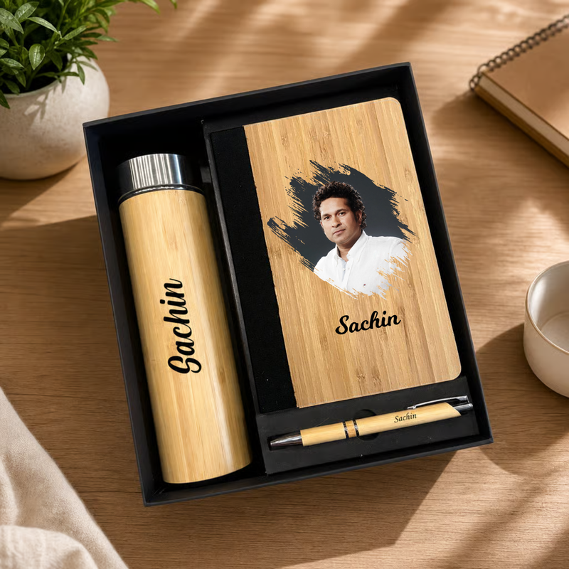 Personalized Maple 3 in 1 Gift Set | Custom Name Flask Diary & Pen Combo | Bamboo Finish Corporate Birthday Office Gifting Set