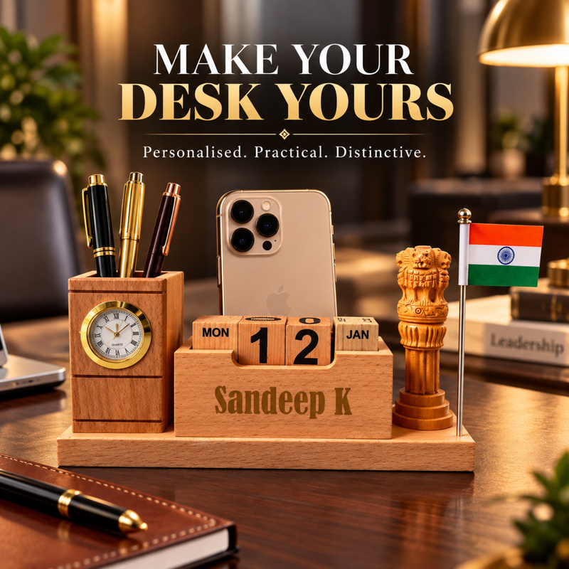 Personalised Emblem Pen Stand with Clock & Flag | Custom Desk Organiser