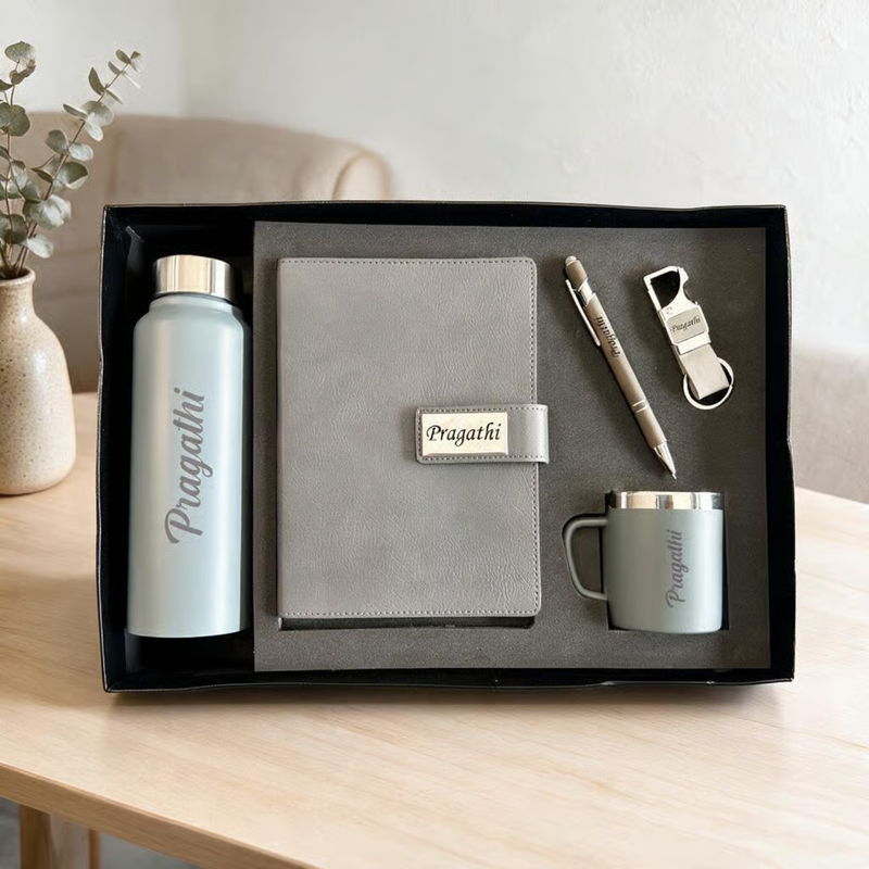 Personalized 5 in 1 Gift Set | Custom Name Diary Bottle Pen Keychain & Cup Combo | Gift Set for Birthday Corporate Office & Special Occasions