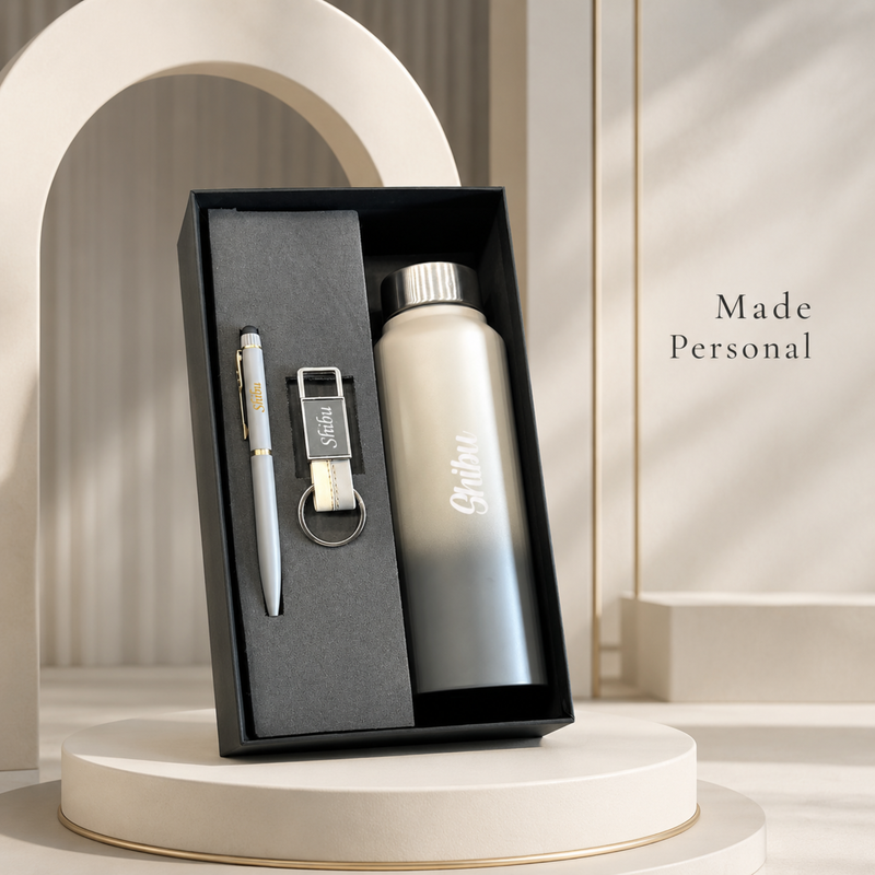 Personalized Pebble 3 in 1 Gift Set | Custom Name Bottle Pen & Keychain Combo | Corporate Birthday Office Gifting Set