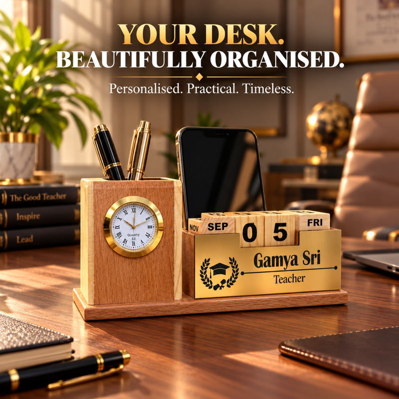 infinity calendar cubes, pen holder, mobile holder , mini clock attached