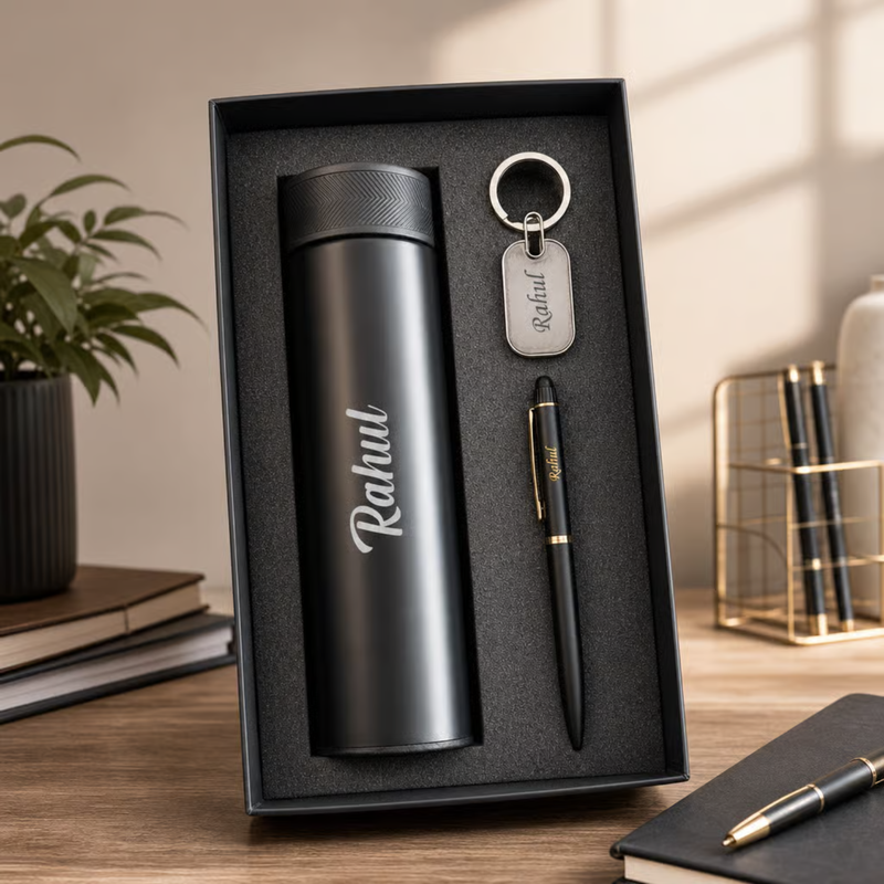 Personalized Grippo 3 in 1 Gift Set | Custom Name Flask Pen & Keychain Combo | Corporate Birthday Office Gifting Set