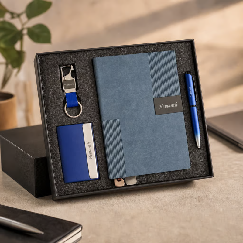 Personalized Abro 4 in 1 Gift Set | Custom Name Diary Pen Keychain & Card Holder Combo | Corporate Birthday Office Gifting Set