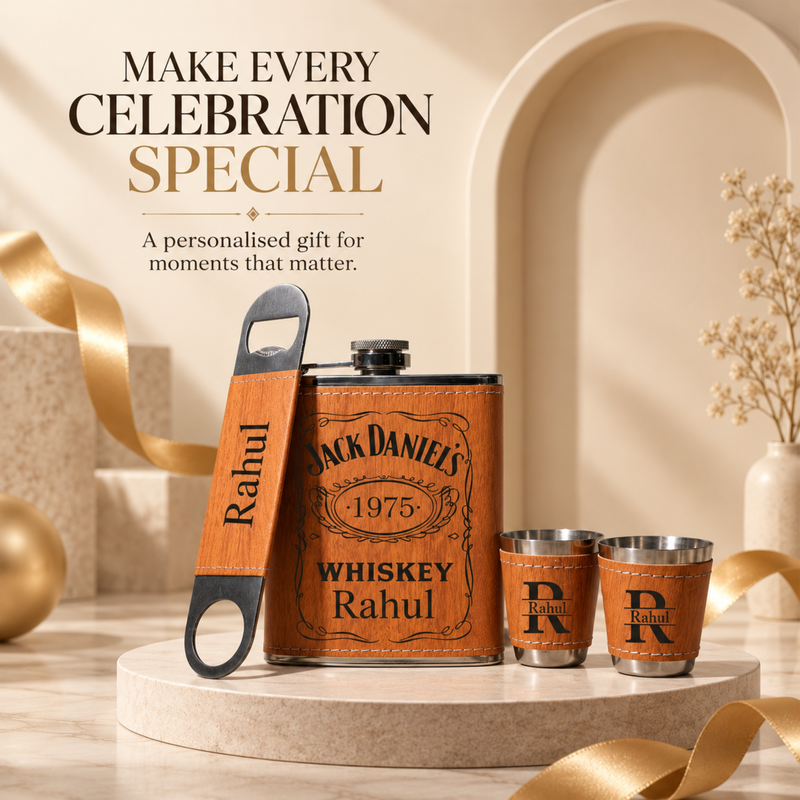Personalised Hip Flask Gift Set 200ml with 2 Shot Glasses & Bottle Opener | Premium Custom Flask Set for Men