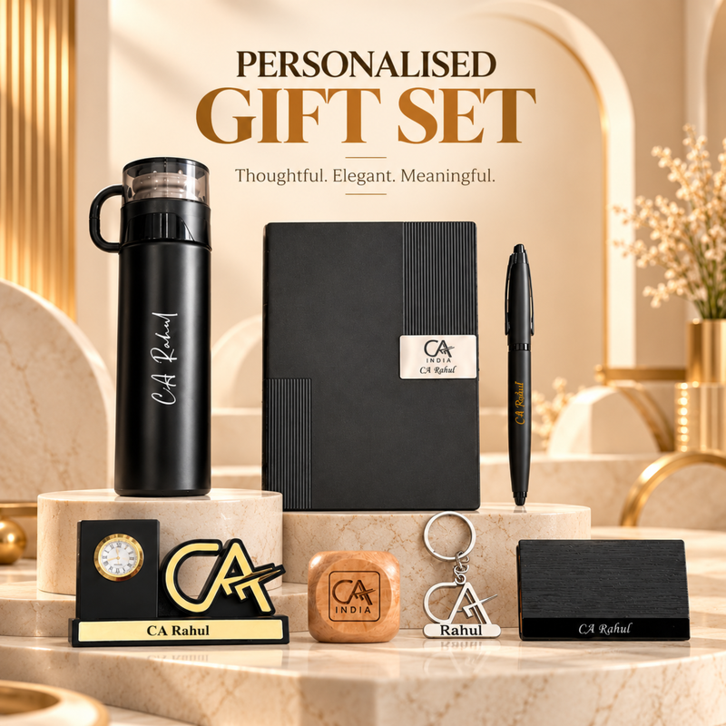 Personalised Legacy Professional Gift Set | Flask Diary Pen Keychain Pen Stand Paper Weight & Card Holder | 7-Piece Gift Set
