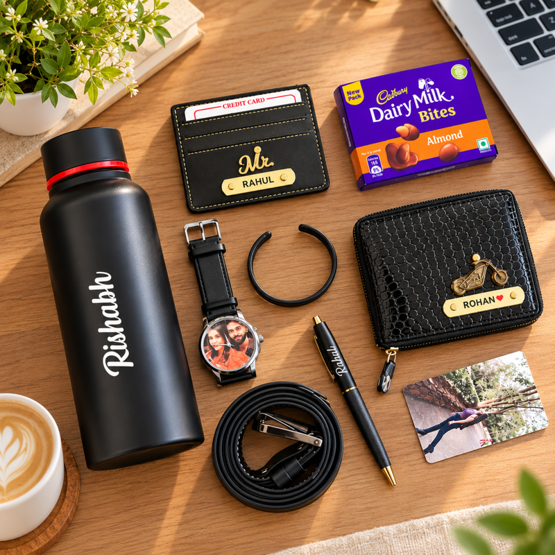 Gentlemen Customised Hamper | Personalised Bottle, Photo Wrist Watch, Wallet, Kada, Card Holder, Belt, Pen & Chocolate Gift Set for Men